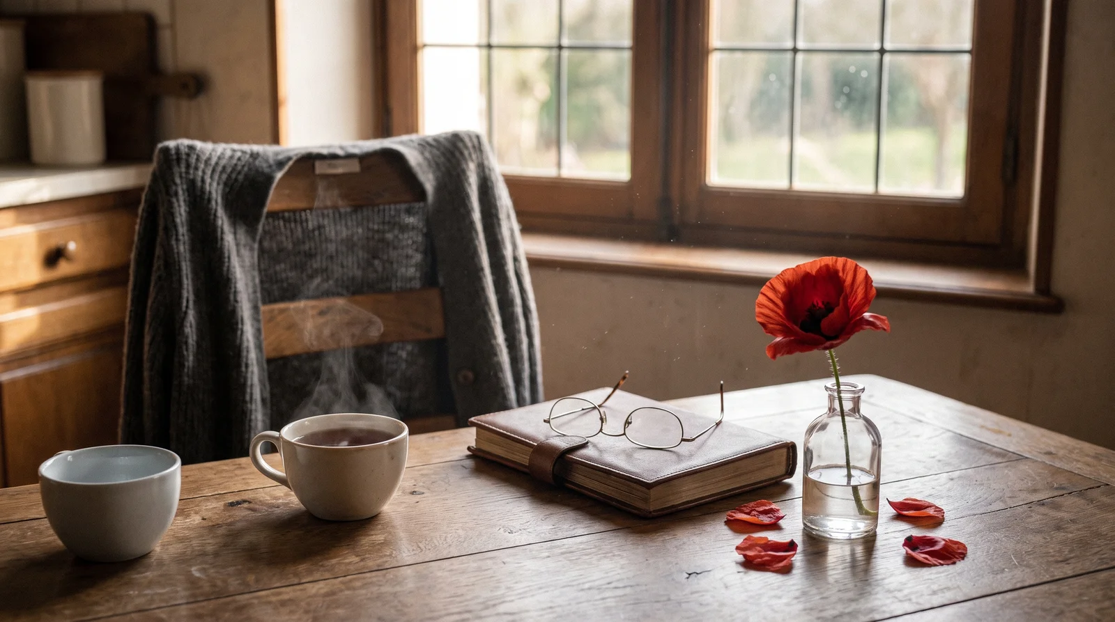 Table de cuisine dans la lumière du soir : deux tasses, dont une restée froide, un gilet sur une chaise vide et un coquelicot qui perd ses pétales